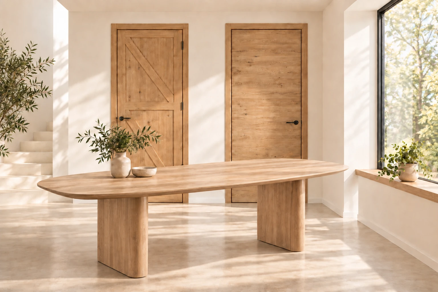 Interieur met massief eiken deuren, een eiken tafel en een eiken vensterbank
